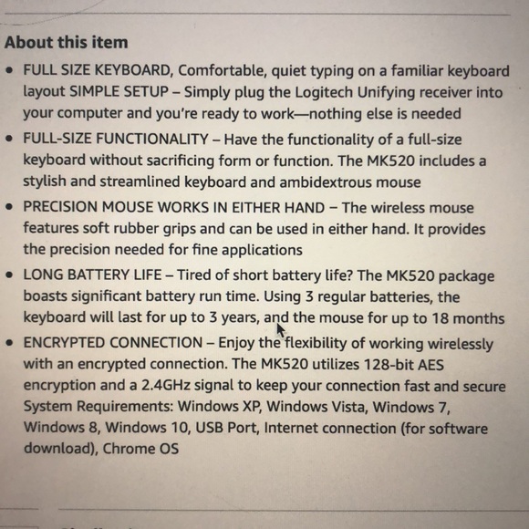 Logitech MK520 Wireless Keyboard and Wireless Mouse Combo - Picture 5 of 5